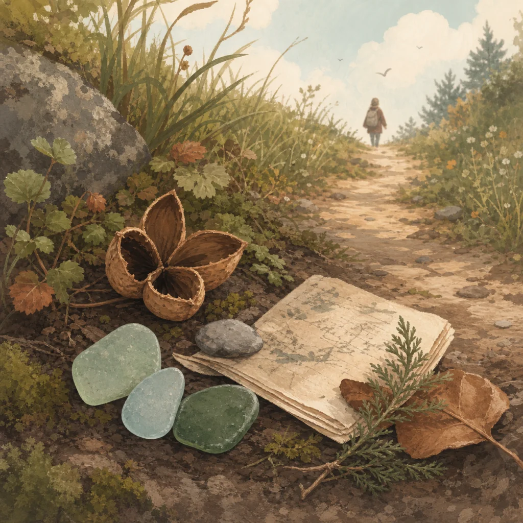 Sea glass, a walnut husk, and folded notes resting beside the trail