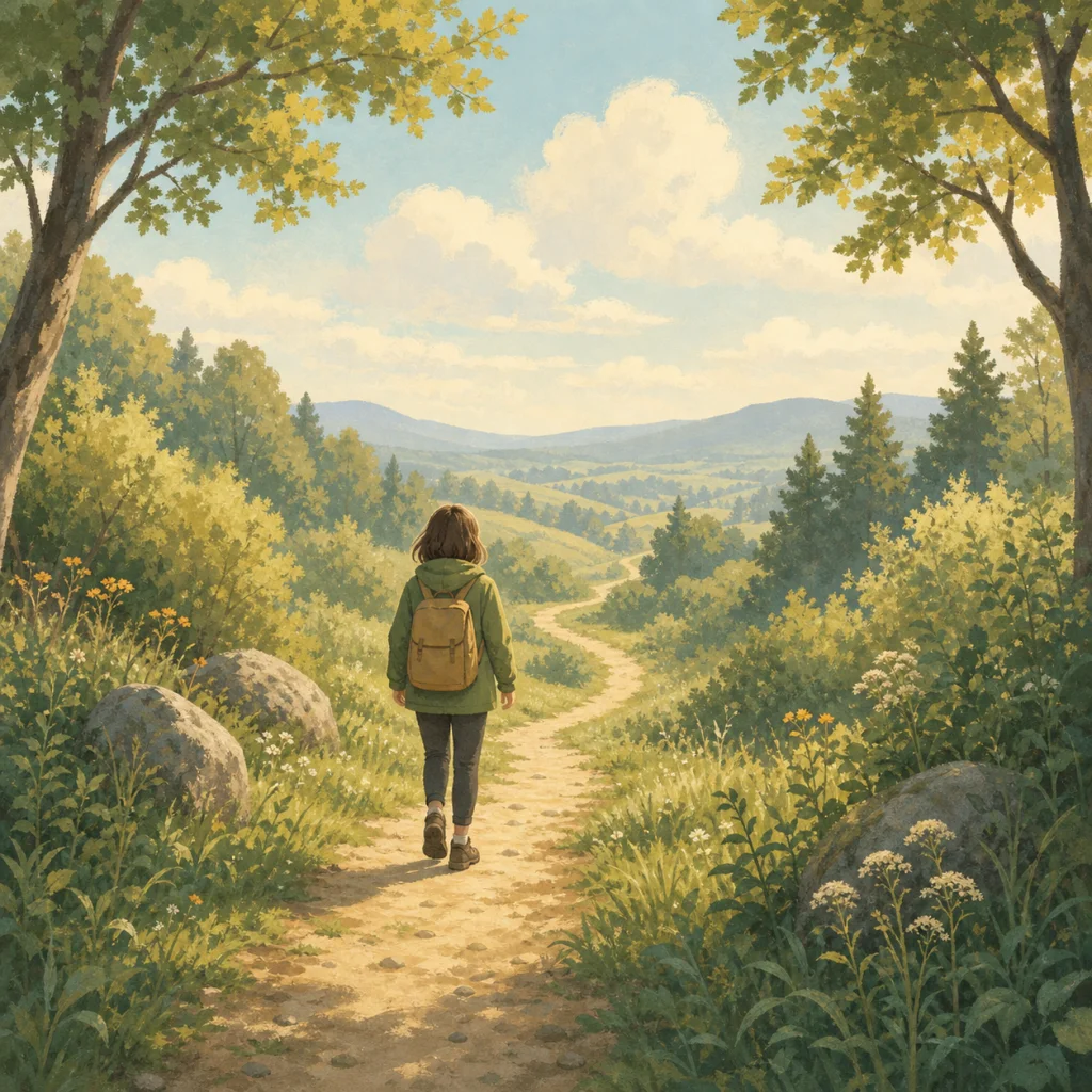 A walker with a backpack heading down a sunny country trail
