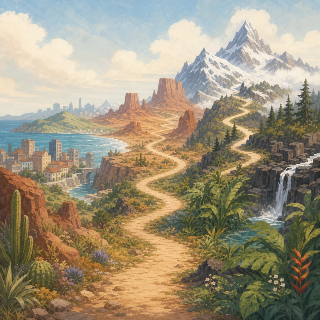 A painted trail winding from a coastal city through desert and jungle up to a snowy mountain peak