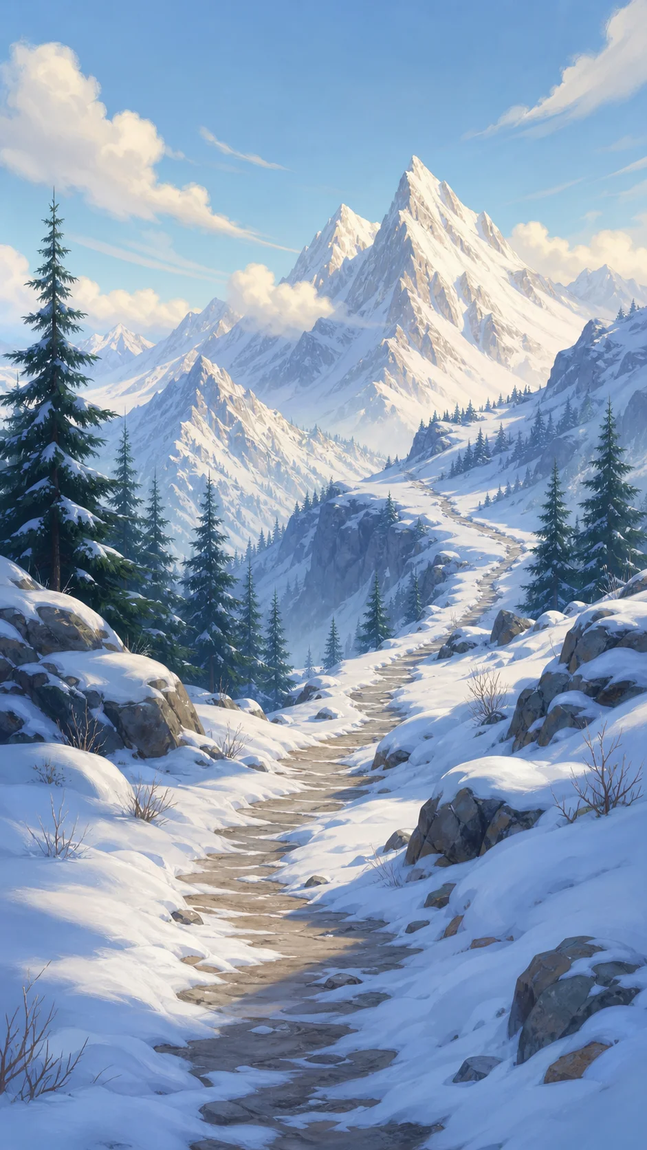 A snowy path winding toward towering alpine peaks