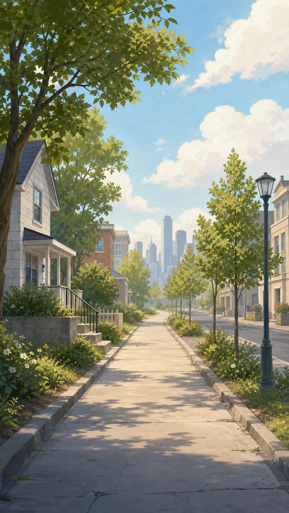 A sunny sidewalk through a leafy neighborhood, skyline in the distance
