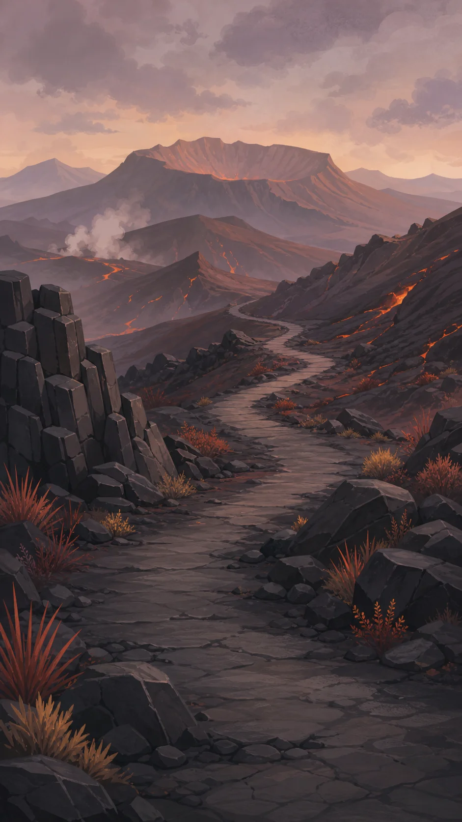 A trail across dark volcanic slopes
